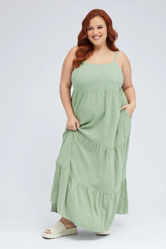 Chic And Trendy Green Maxi Dress Sleeveless Tiered Linen Blend