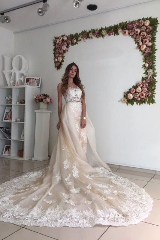 Casual Wear Gorgeous Wedding Dresses with Lace Long Wedding Dresses with Detachable Train N1587