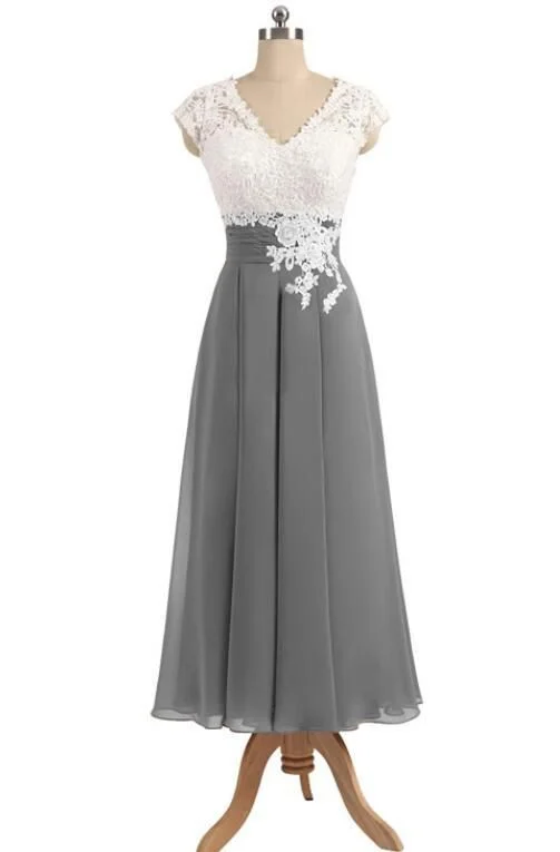 Redefining Women's Fashion Ankle Length V Neck Cap Sleeves Silver Gray Mother of the Bride Dresses, prom dress with Appliques cg2650