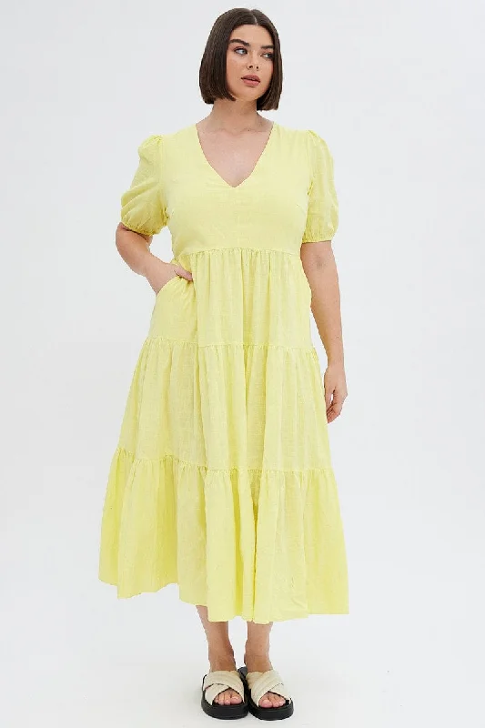 Stay Ahead In Style Yellow Maxi Dress Tiered Puff Sleeve V-neck