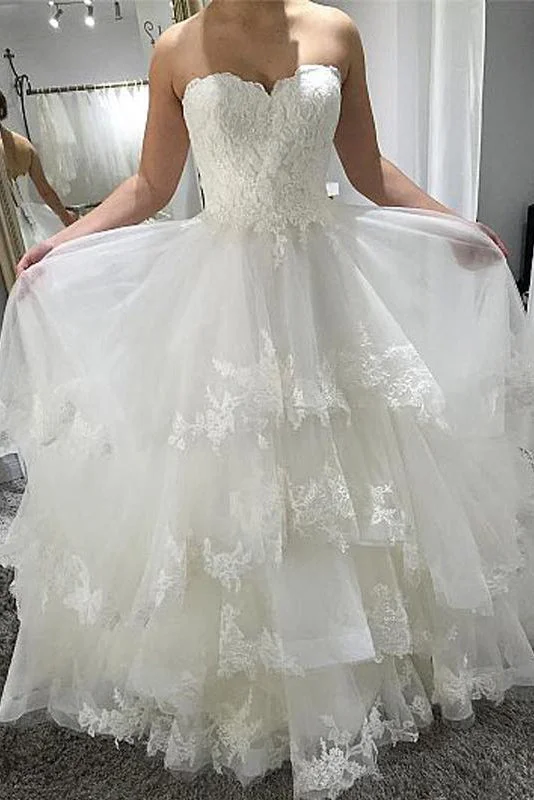 Elegant Style Strapless Beach Wedding Dresses with Lace Tiered Lace Up Back Wedding Dresses N1784