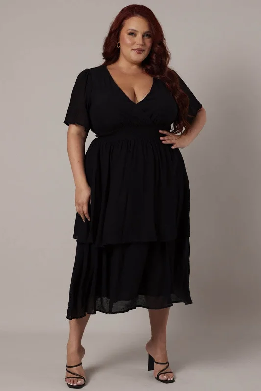 Day To Night Styles Black Midi Dress Crossover Bust Flare Sleeve