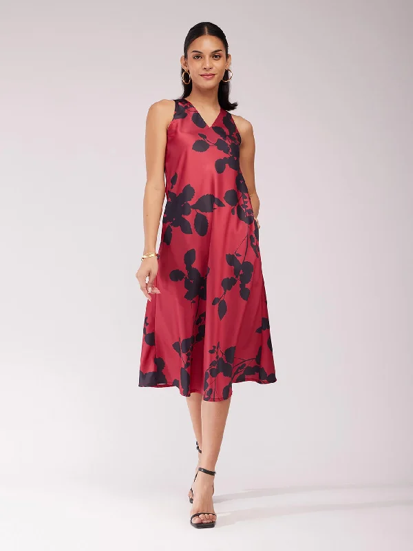 Women Wear Brands Satin Floral Dress - Maroon