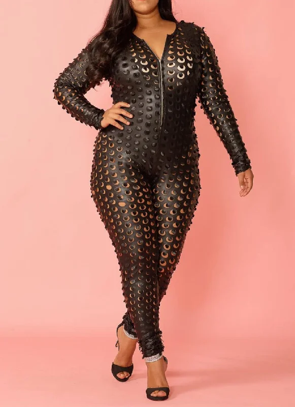 Fashion For Every Occasion Hi Curvy Plus Size Women Faux Leather Cutout Sexy Jumpsuit