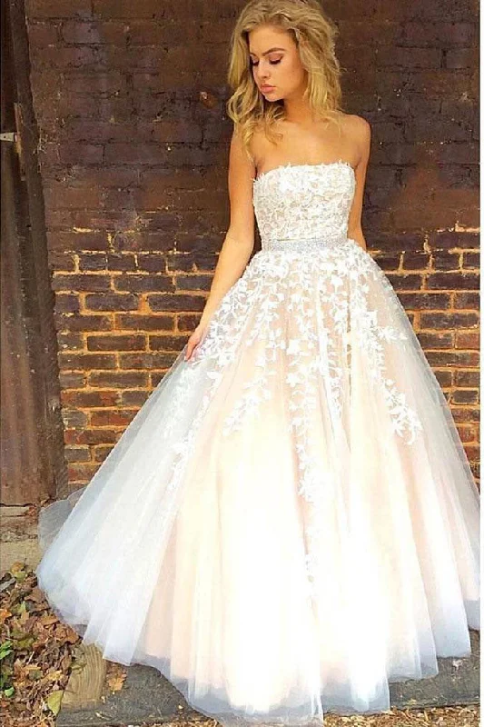 Elegant Styles Princess A Line Strapless Tulle Long Prom Dresses with Lace Appliques Wedding Dresses N1656