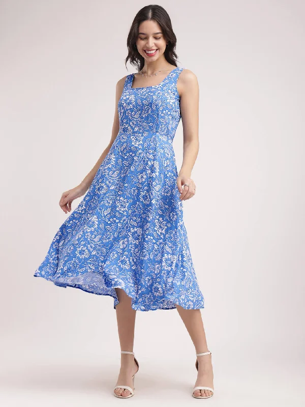 Outfits For Women Fit And Flare Floral Dress - Blue And White