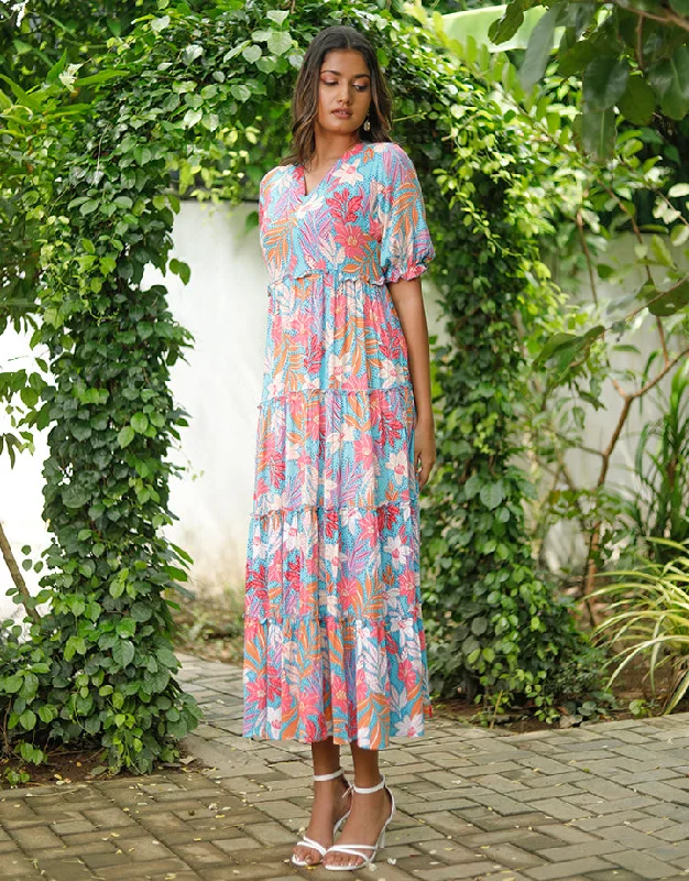 Exclusive Online Sale Floral Print with Tiered Elegance Dress