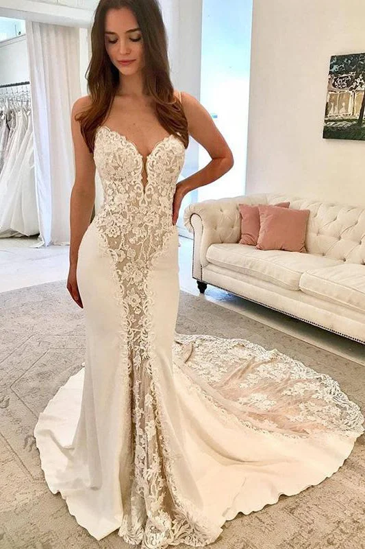 Chic Styles Ivory Satin Gorgeous Lace Spaghetti Strap Vintage Mermaid Wedding Dresses N1777