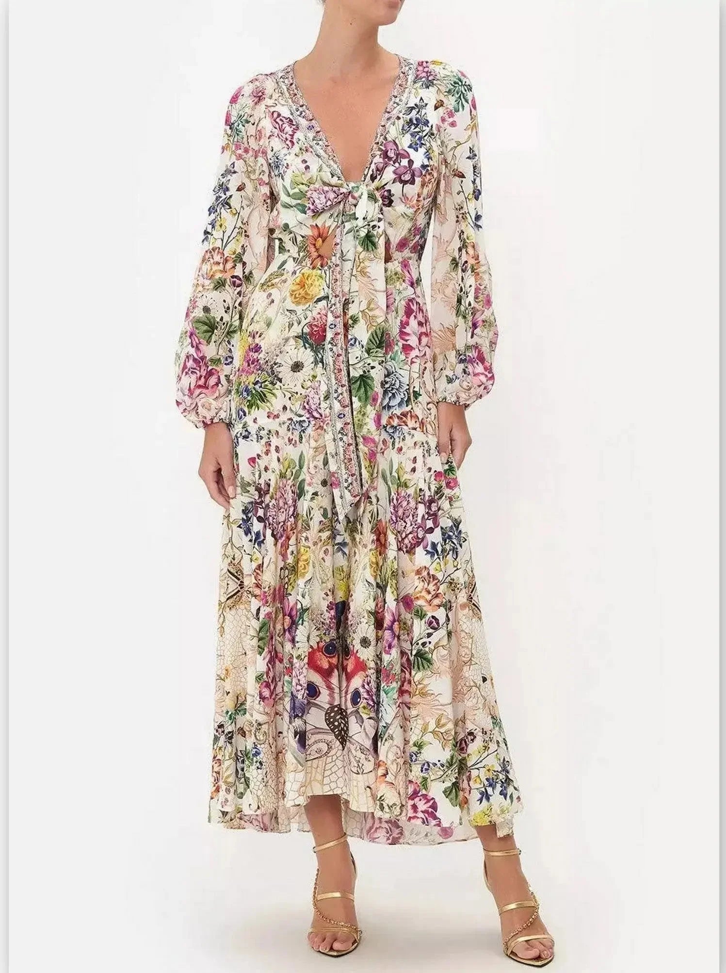 Trend Setting Threads Floral Printed Wrap Tie Silk Dress with Blouson Sleeves