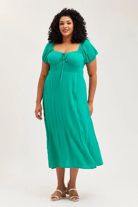 Dive Into Trendy Styles Green Maxi Dress Scoop Neck Short Sleeve Front Split