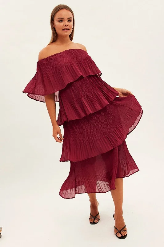 Chic Casual Style Red Off Shoulder Pleated Midi Dress