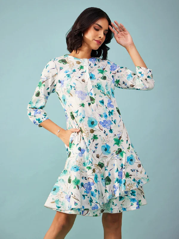 Fashionista Favorites Floral A-line Dress - Blue