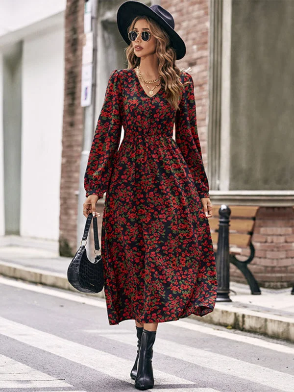 Relaxed Style women's Long Length Autumn Floral Printed A-Line Dress