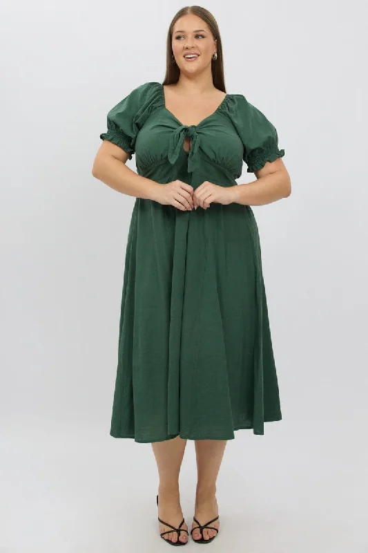 Huge Price Cut Green Midi Dress Short Sleeve Tie Front