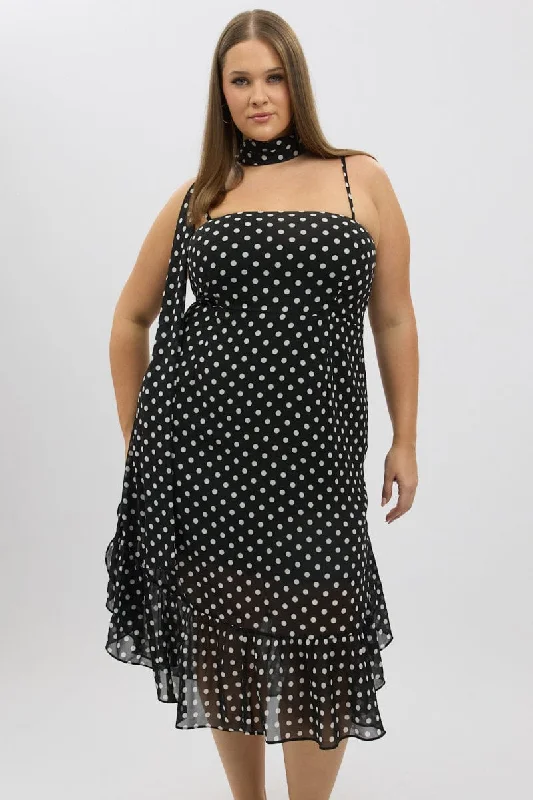 Your Timeless Wardrobe Awaits Black Polka Dot Midi Dress Sleeveless Ruffle with Scarf