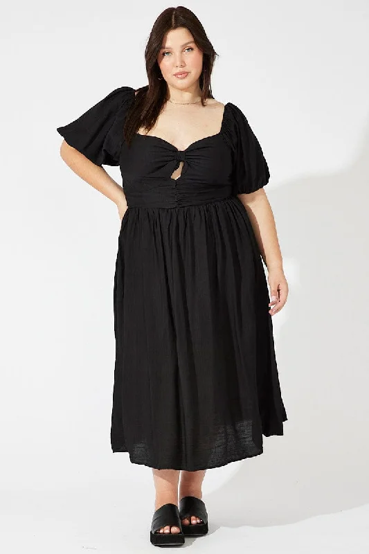 Stylish Statements Black Ruched Waist Detail Midi Dress