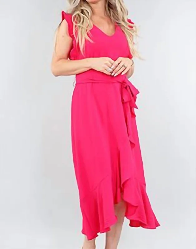 Modern Casual Clothing Ruffled Sleeve Maxi Dress In Fuchsia