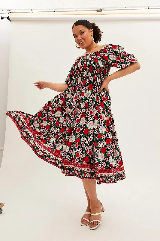 Ride The Style Wave Multi Boho Midi Dress Off Shoulder Tie Back