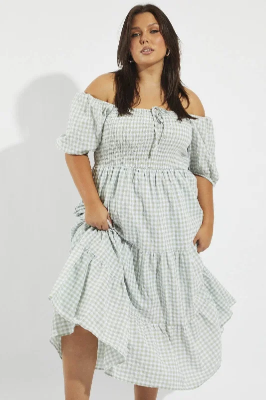 Stupidly Low Prices Green Check Maxi Dress Short Sleeve Shirred