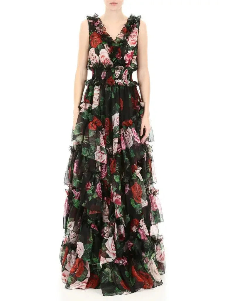 Fashion Frontiers Ruffled Tiered Floral-Print Chiffon Gown In Black