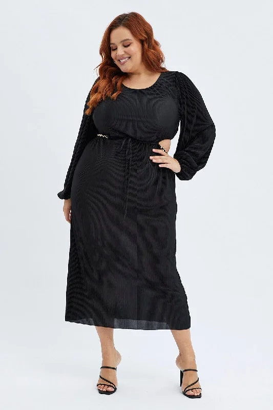 Trendsetter's Closet Black Midi Dress Long Sleeve Cut Out Plisse