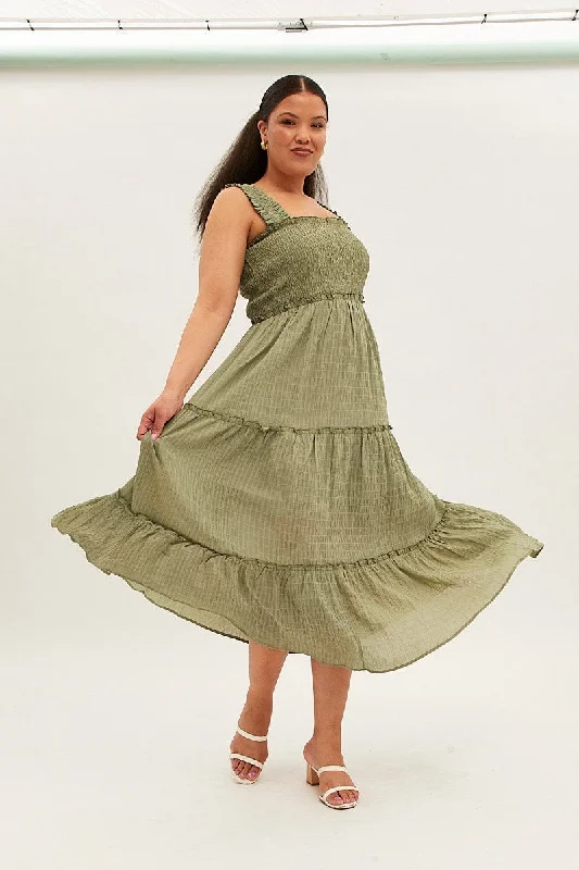 The Latest Trends Green Maxi Dress Gather Shoulder Sleeveless Textured