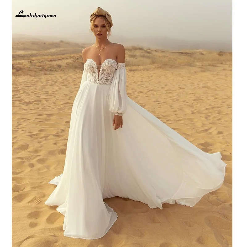 Athleisure Wear Roycebridal Deep V Neck Lace Chiffon lantern Sleeve Wedding Dresses