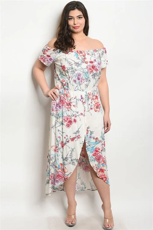 Gorgeous Glamour Collection Ivory Floral Cold Shoulder Romper Maxi Dress