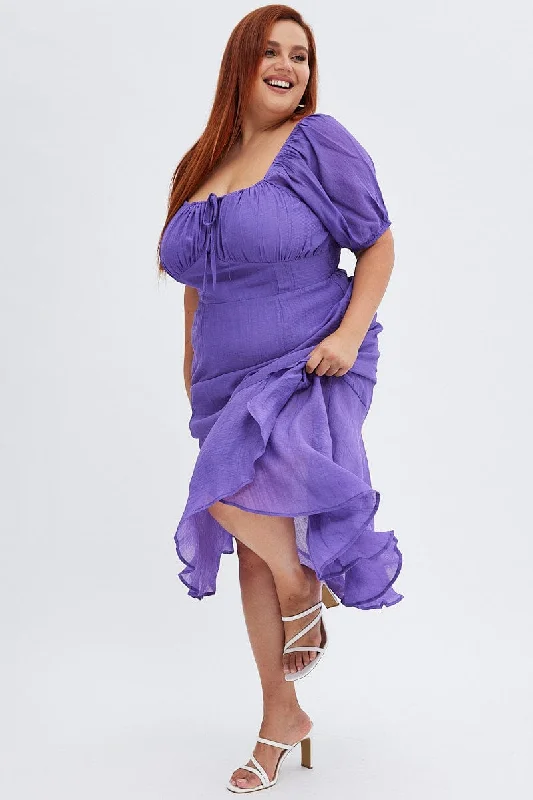 Trendy Threads Purple Midi Dress Short Sleeve Ruffle Ruched Bust