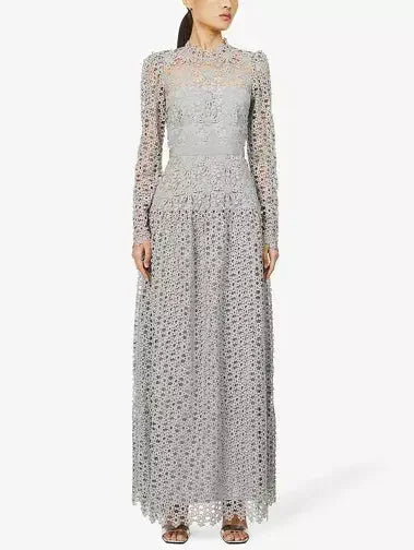 Trend Forward Women's Wear Floral-Embroidered Semi-Sheer Lace Gown in Gray