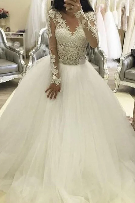 Flash Sale, Don't Miss Ball Gown Long Sleeves V-Neck Tulle Lace Wedding Dresses