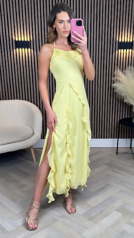 All Season Fashion Collection Yolande Yellow Cami Strap Ruffle Detail Midi Dress