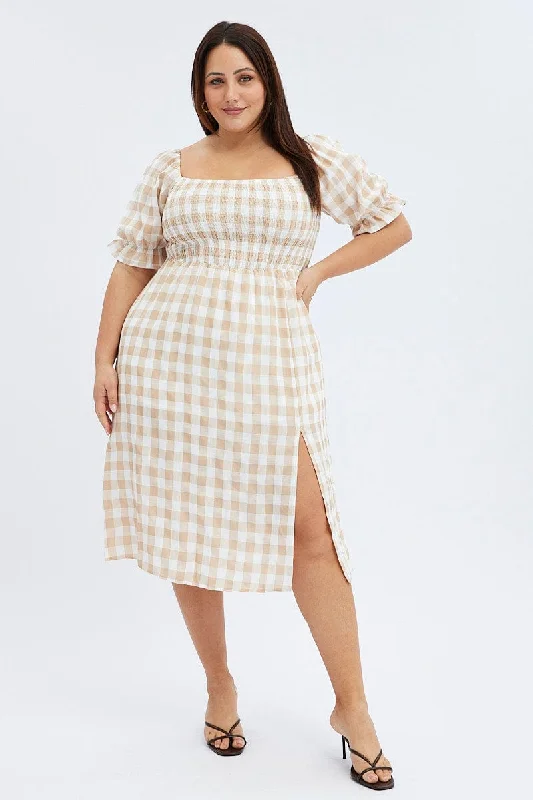 Casual Fashion Nude Check Midi Dress Split Front Large Gingham Check