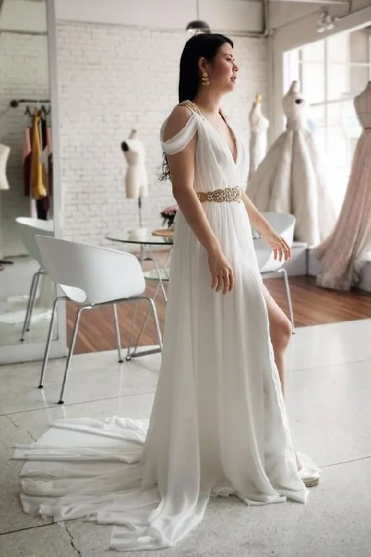 Clearance Sale, All Cheap Beautiful A Line V Neck White Beach Wedding Dresses with Ruffles  prom dress     cg14354