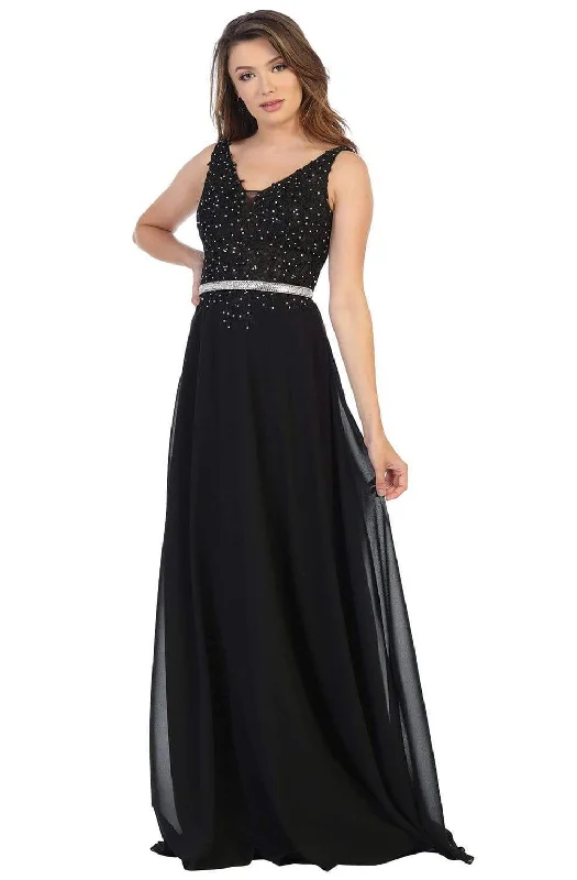 Embrace New Fashion May Queen - MQ1701 Embroidered Plunging V-neck A-line Gown