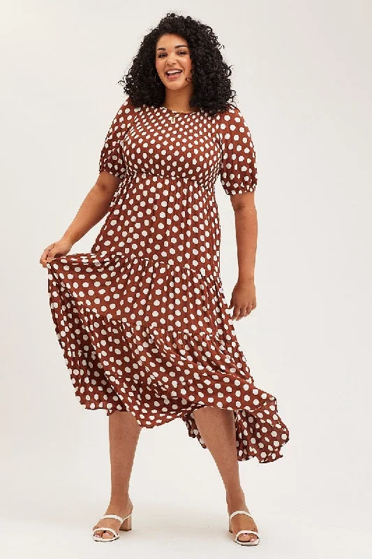 Exclusive Sale Polka Dot Maxi Dress Round Neck Puff Sleeve Shirred