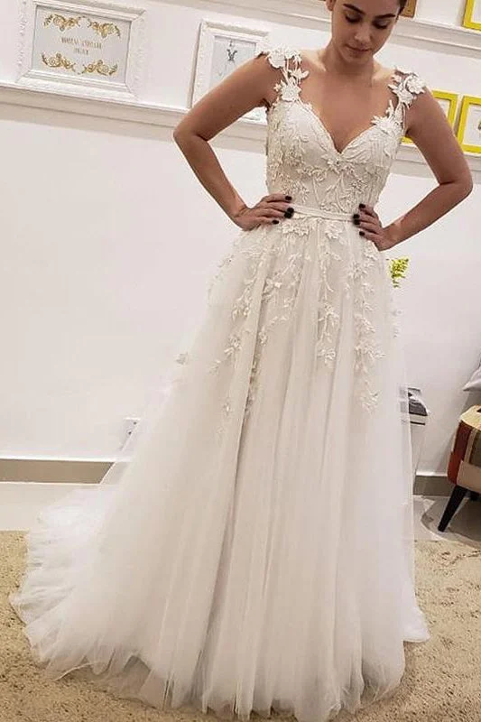 Quality Wear Tulle Lace Illusion Back A Line Wedding Dresses A Line V-Neck Bridal Dresses N1792