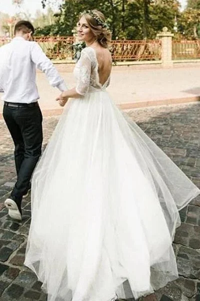 Best Sellers Puffy Half Sleeves Backless Wedding Dresses Floor Length Long Beach Wedding Dresses N2250