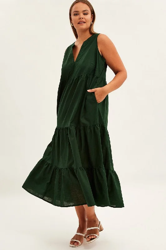 Evening Elegance Green Maxi Dress Sleeveless Tiered Linen Blend