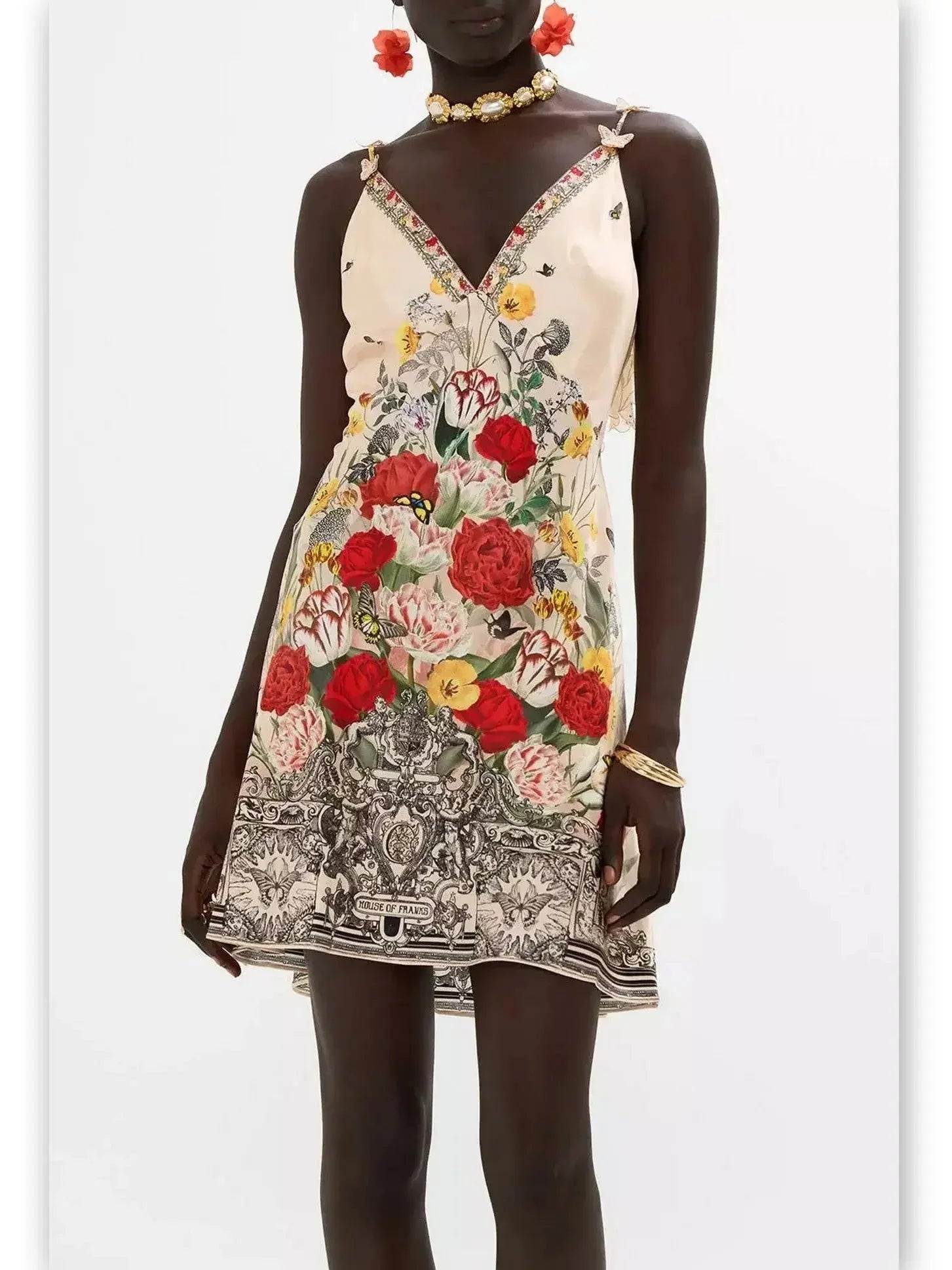 Fashion Forward Femininity Floral Printed Silk V-Neck Slip Dress with Back Frill