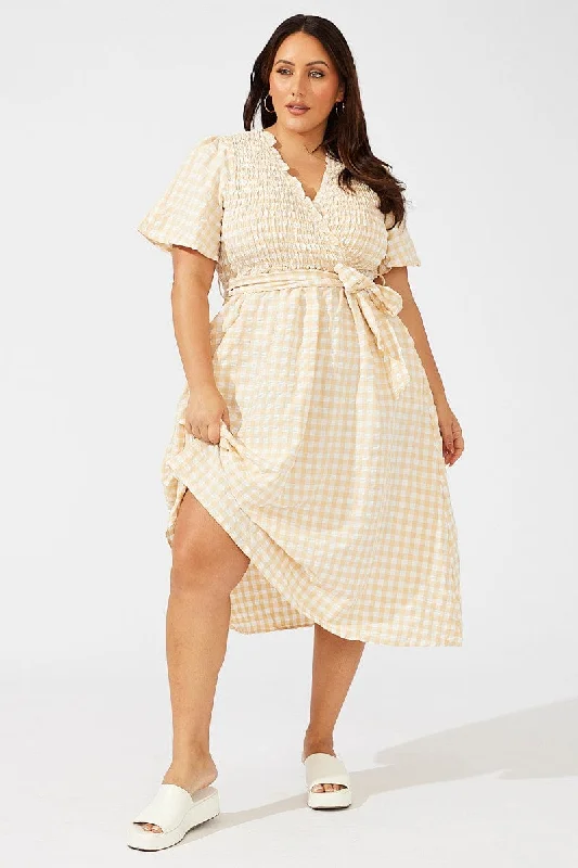 Relaxed Style Beige Check Gingham Wrapover Shirred Front Midi Dress