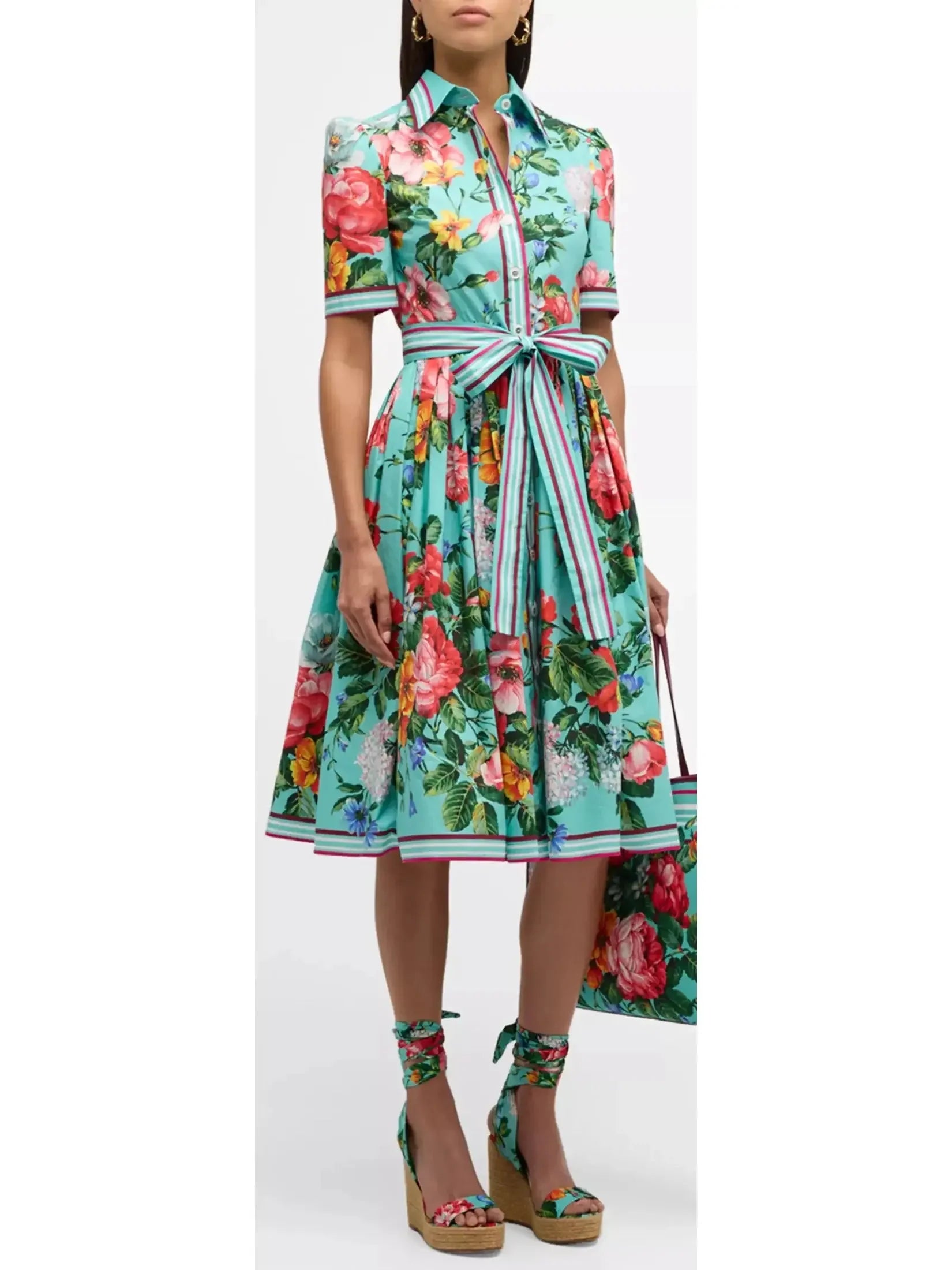 Classic Women's Fashion Floral-Print Short-Sleeve Belted Midi Shirt Dress