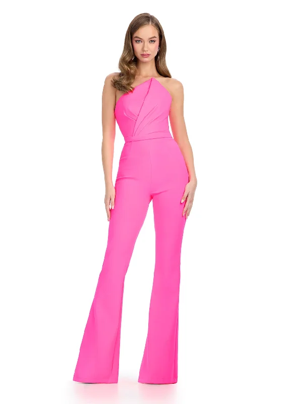 Trendy Women's Wear Ashley Lauren 11835 Size 6 Hot Pink Formal Scuba Jumpsuit Pageant Asymmetrical Neck Strapless Interview