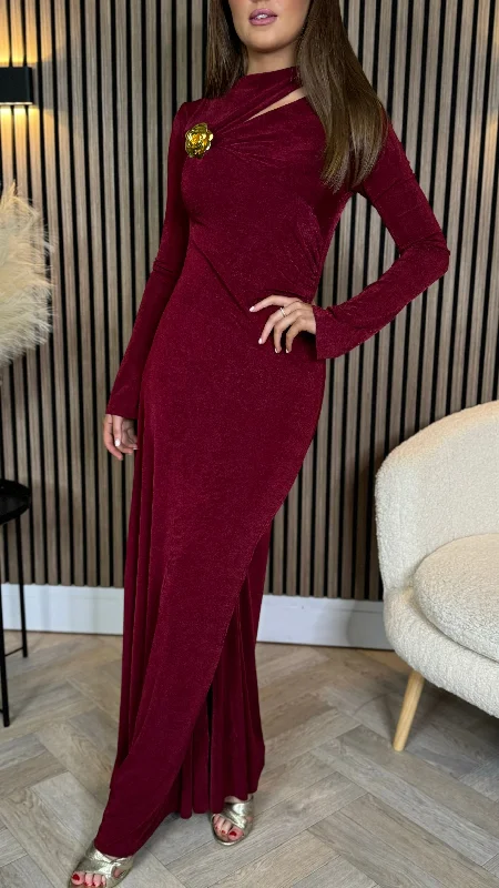 Chic Trend Collection Ayda Burgundy Split Neckline Brooch Detail Maxi Dress