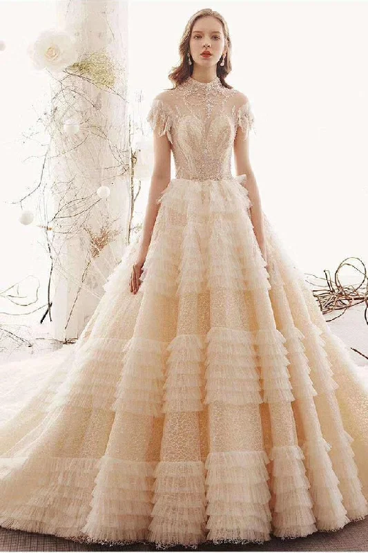 Bold Prints Casual Chic Unique High Neck Wedding Dresses Princess Short Sleeves Lace Tulle Wedding Gown N1627