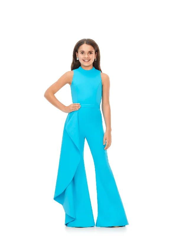 Chic Casual Style Ashley Lauren Kids 8158 Size 4 Turquoise Girls Pageant Jumpsuit with Ruffle Side Scuba High Neckline