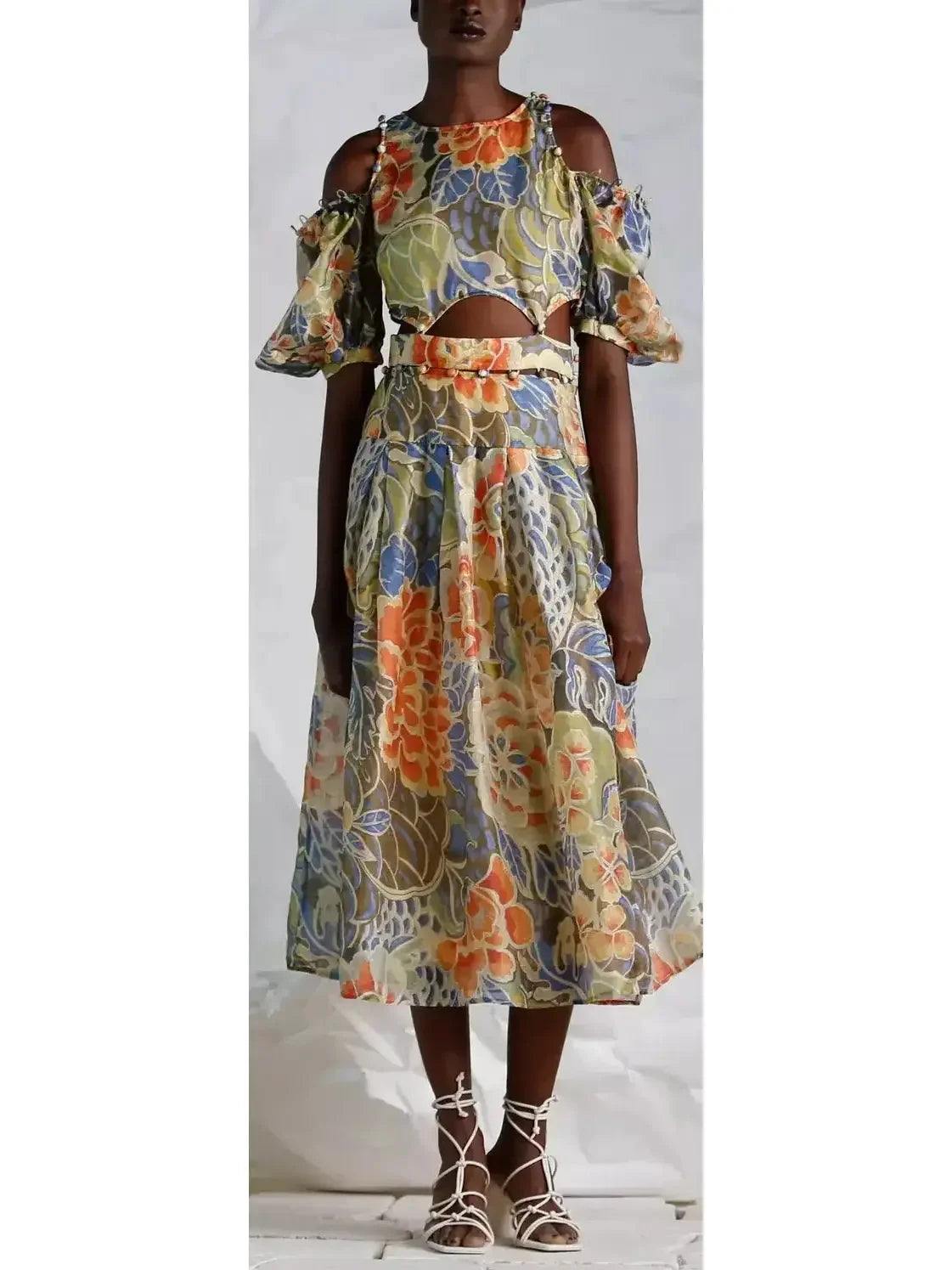 Vibrant Styles Floral Print Silk and Linen Detachable Midi Dress