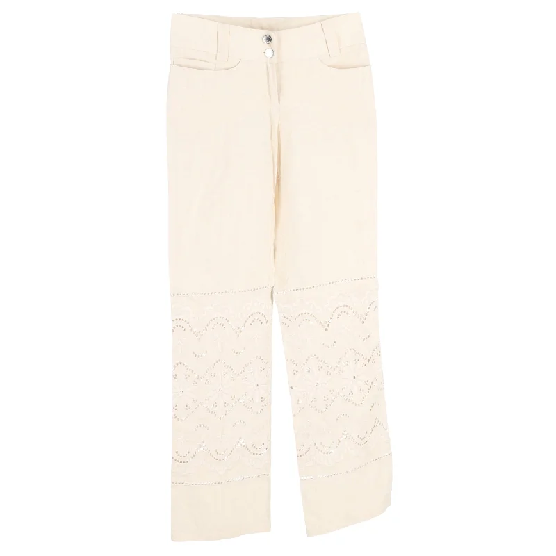 Exquisite Women's Wear Sale Dolce & Gabbana Lace Cutout Flower Trousers in White Linen