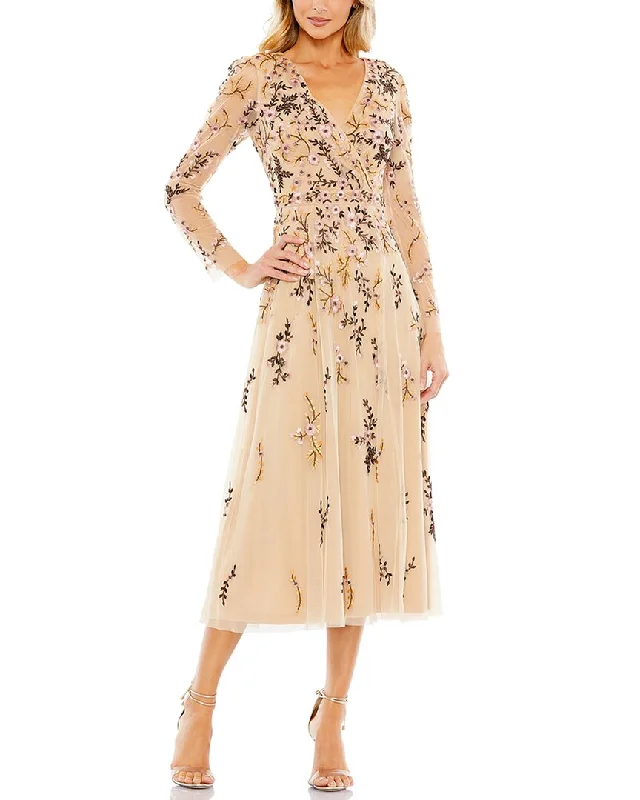 Mega Sale Mac Duggal Embroidered Wrap Over Illusion Sleeve Midi Dress