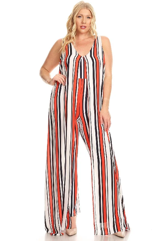 Seasonal Sale Plus Size Stripe Print Sleeveless Split Layer Caped Jumpsuit